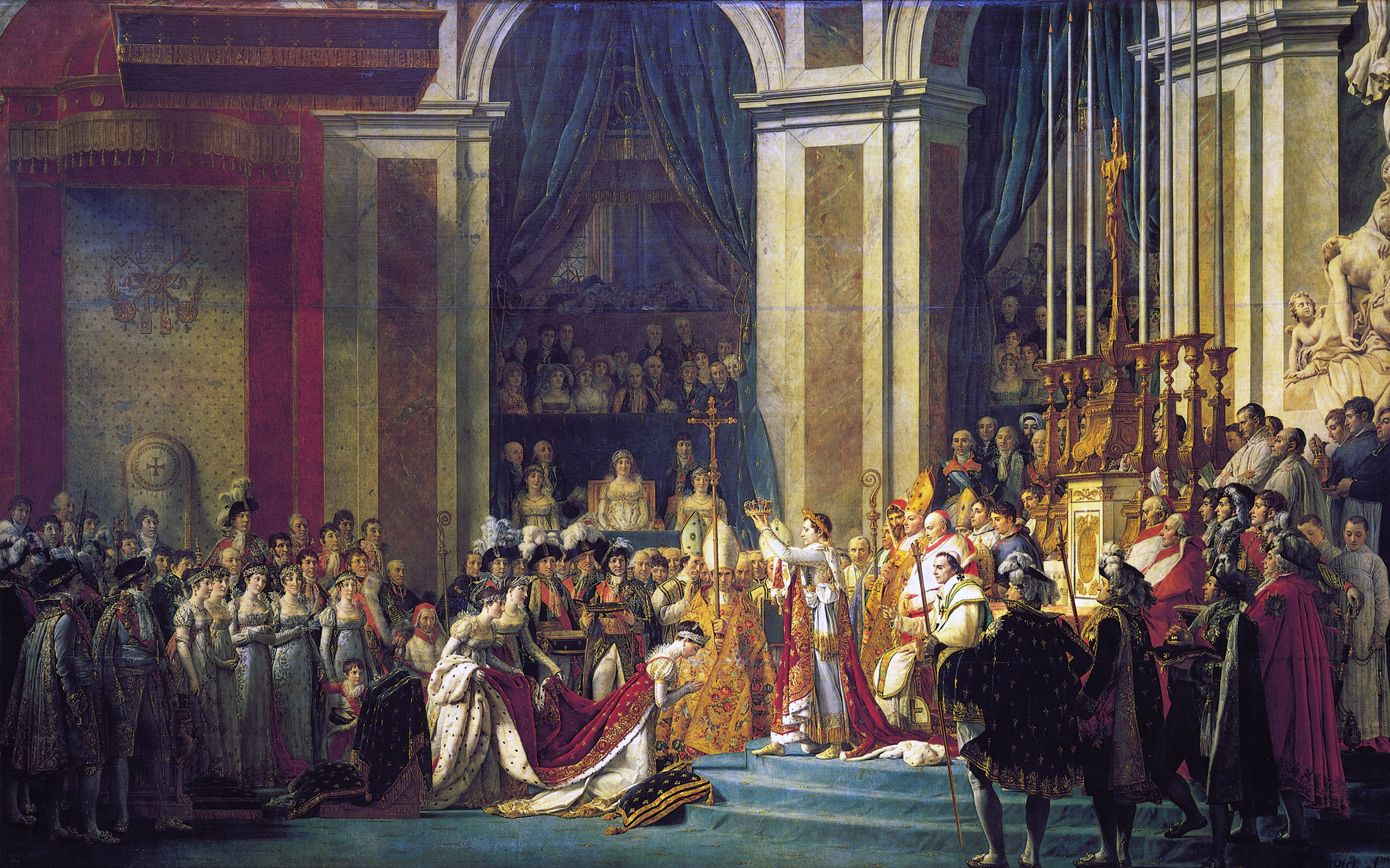 上图:法国大革命画家雅克-路易·大卫(Jacques-Louis David)1807年的油画作品《拿破仑加冕典礼 The Coronation of Napoleon》,描绘1804年12月巴黎圣母院的拿破仑加冕大典。在教宗庇护七世的旁观下,拿破仑自己将皇冠戴到头上,然后加冕妻子为皇后。1804年11月,昔日追求「自由、平等、博爱」,投票把善良的国王路易十六推上断头台的法国革命群众,又通过公民投票把法兰西共和国改为法兰西帝国,拥戴拿破仑(Napoleon)为皇帝。而昔日的革命者雅克-路易·大卫也放弃了革命信仰,摇身一变成为宫廷画师,为拿破仑皇帝画了许多著名的画像,包括《跨越阿尔卑斯山圣伯纳隘道的拿破仑 Napoleon Crossing the Alps》。法国人为了追求自由、民主、「公义」的革命,结果不过是给自己换了一个皇帝。相似的一幕此后在世界各国的政治舞台上不断重演,不住地让人反思什么才是「公义」的标准。