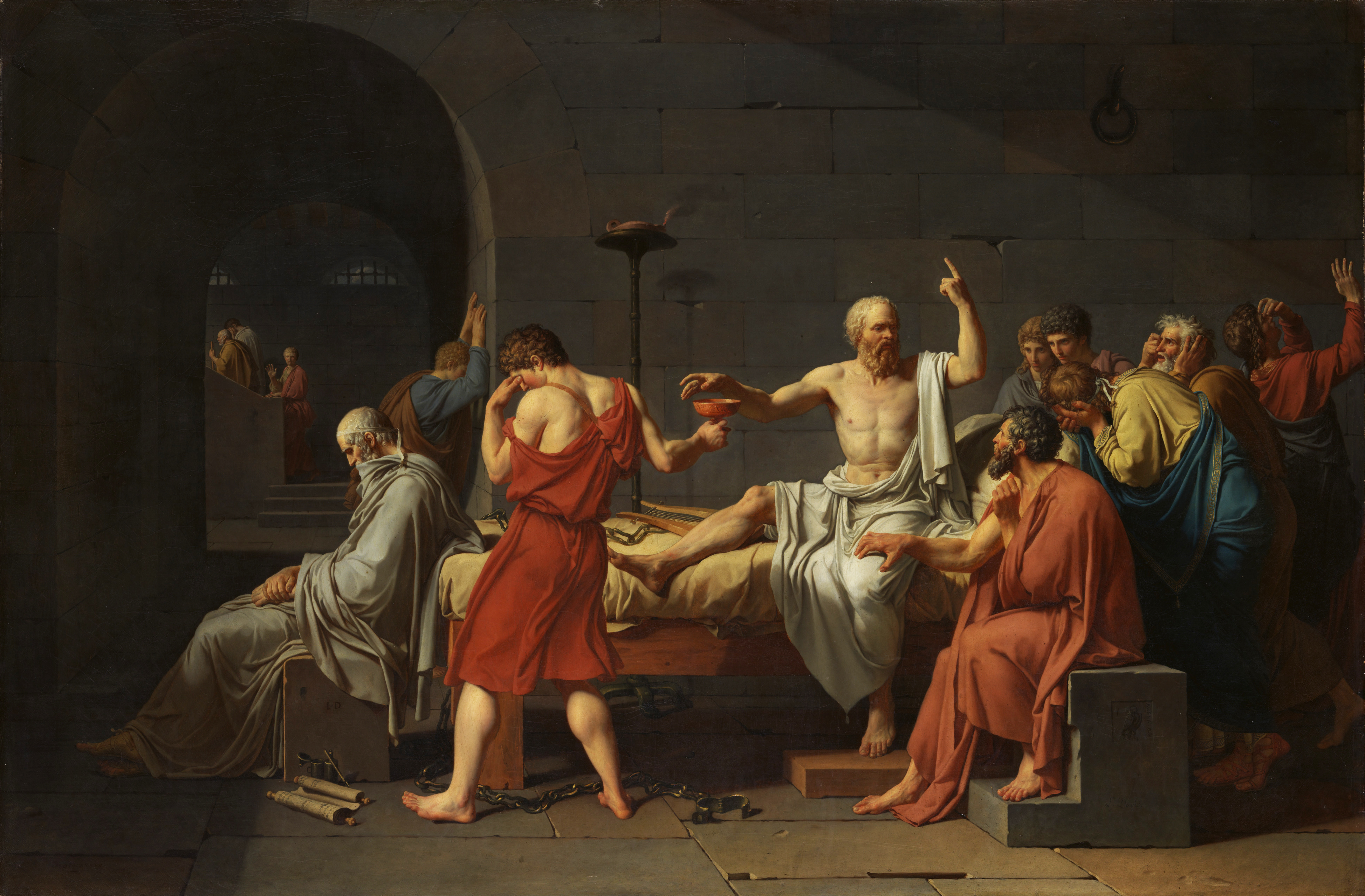 上图:法国大革命画家雅克-路易·大卫(Jacques-Louis David)1787年的油画作品《苏格拉底之死 The Death of Socrates》。主前399年,古希腊哲学家苏格拉底(Socrates,主前470-399年)被控不敬神和腐蚀雅典青年,庭审的辩论、举证、投票过程严格按照雅典的民主、法制程序,结果他被民主选拔出来的500人陪审团按着他们自己认为的「公义」投票,被判饮毒堇汁而死。离开绝对真理的「少数服从多数 Majority rule」并不是「公义」,只不过将多数人的利益置于少数人之上的「多数人暴政」(Tyranny of the majority)。然而画家所看中的却是苏格拉底为信仰而死的坚毅精神,所以积极投身法国大革命,为了他自己认为对的信仰,投票把一个又一个拦阻实现这信仰的人推上了断头台。
