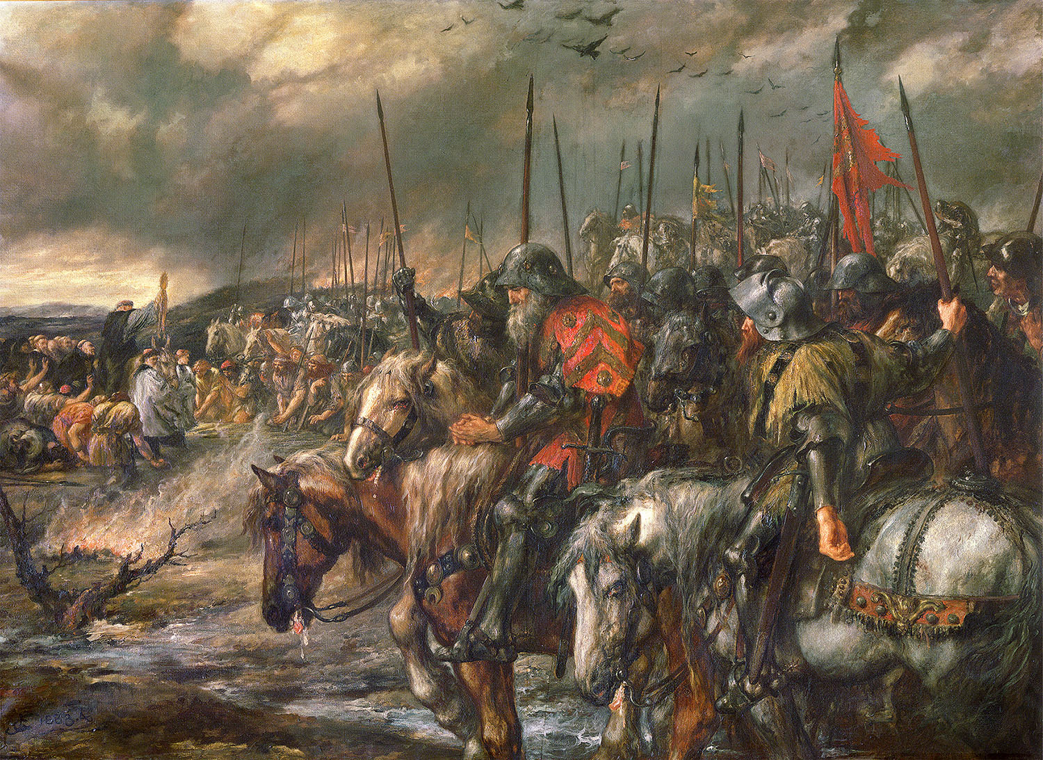 上图:19世纪的油画《阿金库尔战役的早晨 Morning of the Battle of Agincourt》。1415年的阿金库尔战役是英法百年战争中著名的以少胜多之役。16世纪霍林斯赫德(Raphael Holinshed)的《英格兰、苏格兰和爱尔兰编年史》记载,英王亨利五世大败法军之后,全军奉命齐唱诗篇一百一十四、一百一十五篇。当唱到「耶和华啊,荣耀不要归与我们 Non nobis, Domine」时,全军一起下跪。莎士比亚在《亨利五世》一剧中也表现了此事。