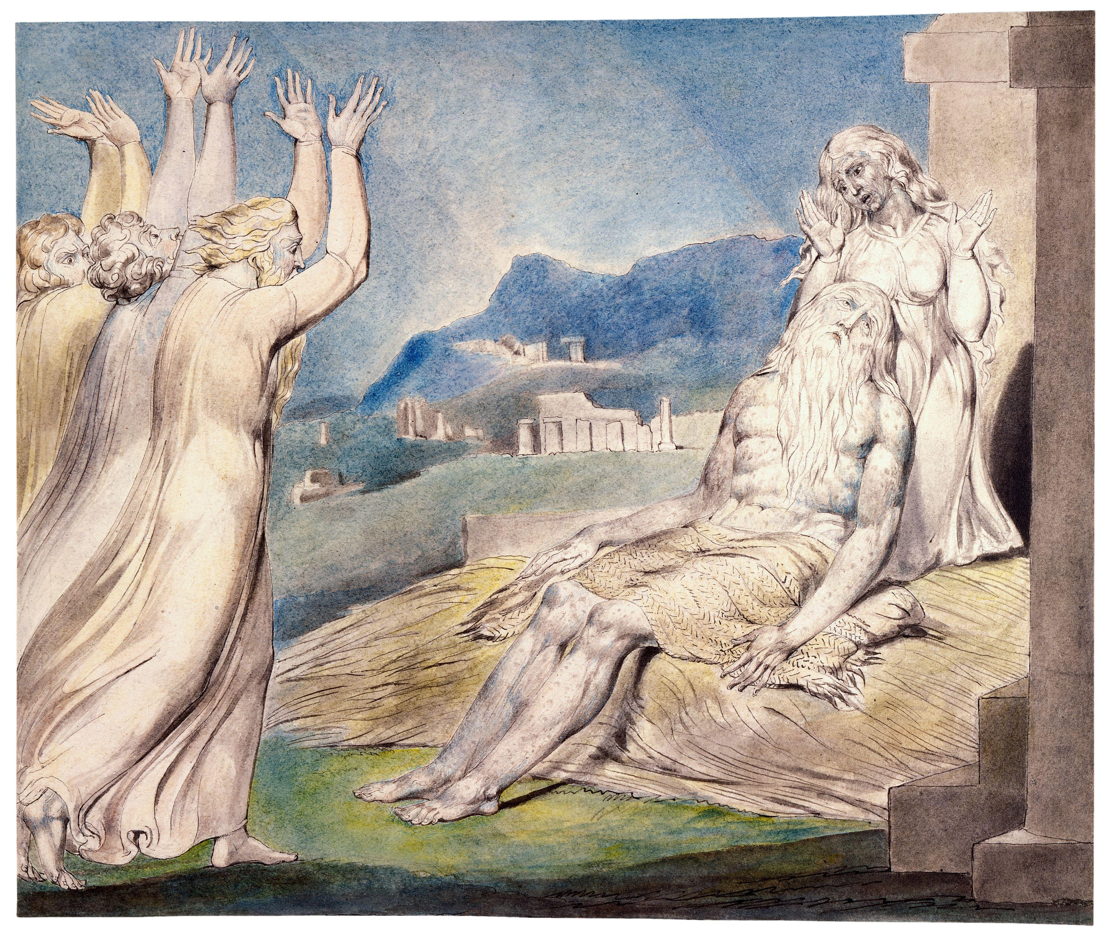 上图:英国诗人、画家威廉·布莱克(William Blake,1757-1827年)的版画《约伯的安慰者 Job's Comforters》,描绘「他们远远地举目观看,认不出他来,就放声大哭。各人撕裂外袍,把尘土向天扬起来,落在自己的头上」(伯二12)。